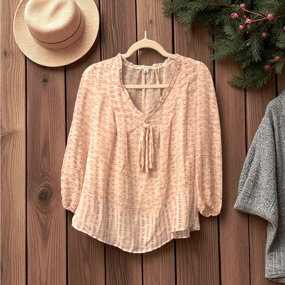 Zac & Rachel whimsical light Pink/Purple/cream hue Tie Front 3/4 Sleeve Blouse
